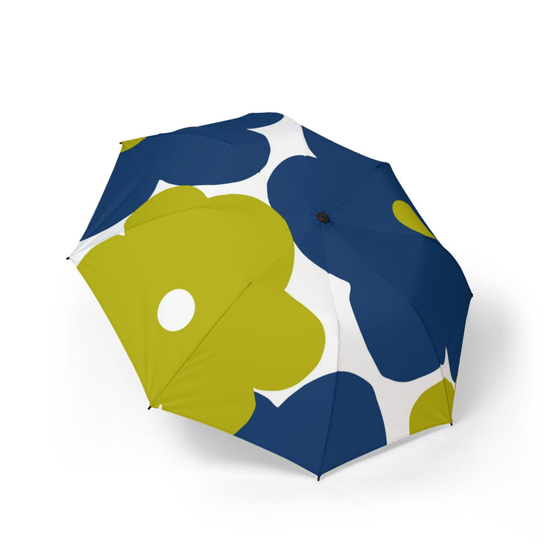 Foldable Umbrella — Blue & Lime Floral Semi-Automatic Compact Umbrella