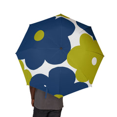 Foldable Umbrella — Blue & Lime Floral Semi-Automatic Compact Umbrella