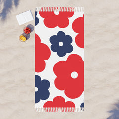 Floral Beach Towel - Red & Navy Floral Fringe Throw